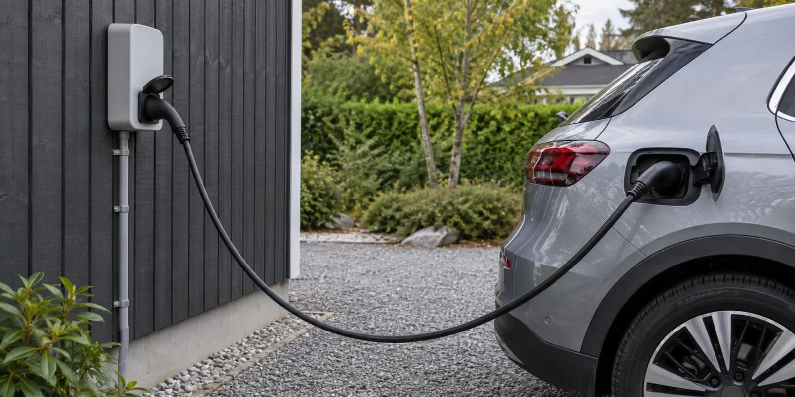 Den färdiga laddboxinstallationen med kabeln ansluten till både laddboxen och elbilen.